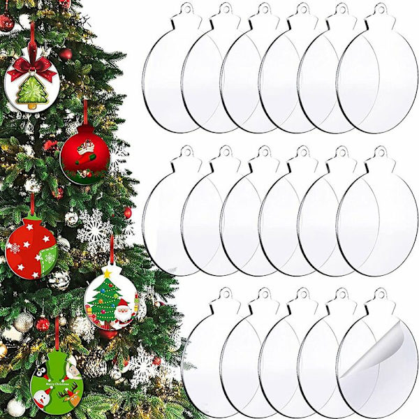 50 st runda akryl julgranskulor vita transparenta akryl ornament med hål för DIY, semester