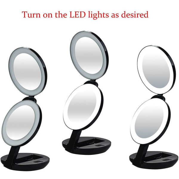 Trefaldig sminkspegel portabel hopfällbar portabel skönhet dubbelsidig liten led-spegel med fyllningsljus (svart Diameter 11,43*2,9 cm)