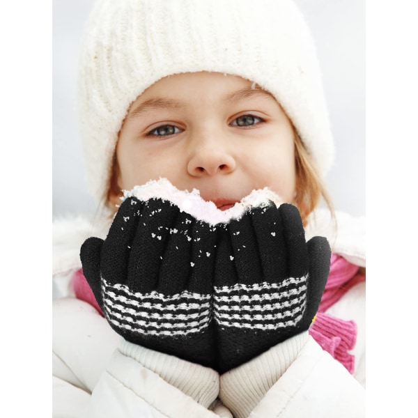 1 par stickade handskar för barn, pojkar, flickor, stickade handskar med thermal 5-12 år gamla ullfleecefodrade handskar (svarta)