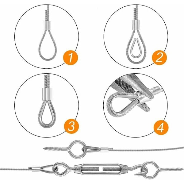 Rustfrit kabel i rustfrit stål, 2 mm kabel med kappe + skruelås + spænder i rustfrit stål + skrue, PVC-belagt kabel i rustfrit stål