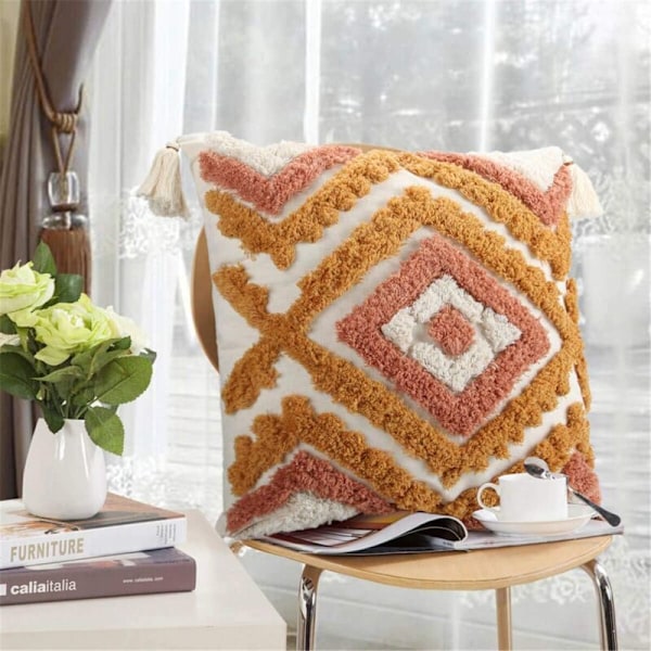 Orange Kuddfodral 18x18, Vävd Tuftad Bohemisk Kuddfodral med Fransar, Bränd Orange Kuddfodral för Soffa Säng Vardagsrum (Ingen Kudde
