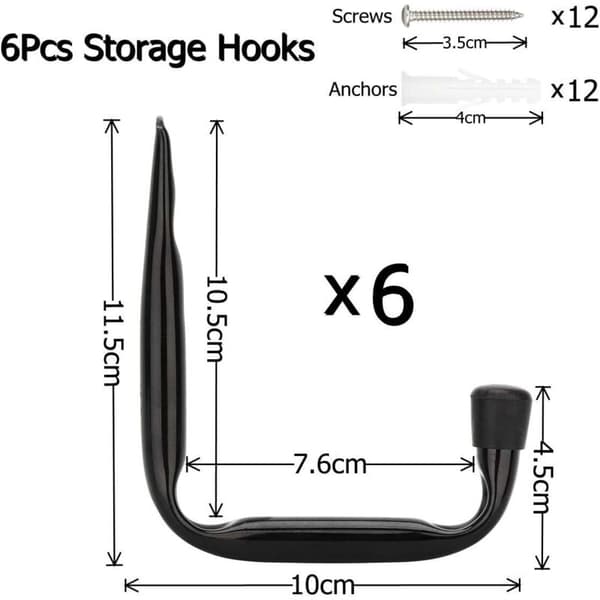 6-pack kraftiga J-formade väggkrokar för garageförvaring (11,5 cm x 10 cm)