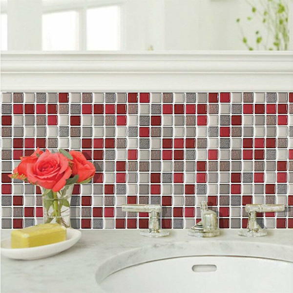 3D Mosaik självhäftande väggplattor Vattentät självhäftande kakeldekal 23,6X23,6cm för kök badrum-4 stycken