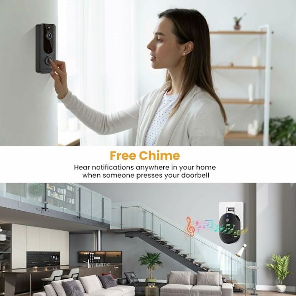 Trådlös kamera dörrklocka, WiFi videodörrklocka, för inomhus/utomhusövervakning, chime ingår, smart mänsklig detektering, 2-vägs ljud, nattseende