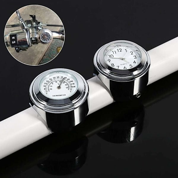 Motorcykel Styr Ur, 7/8 Vandtæt Motorcykel Styr Montering Digital Ur og Temp Termometer Hvid--