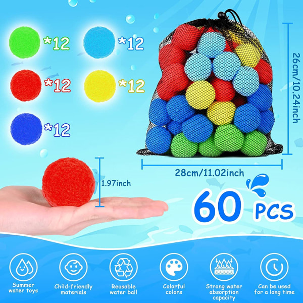 60 stykker gjenbrukbare vannballonger, gjenbrukbare vannballonger for utendørs leker og spill, vannleker for barn og voksne gutter og jenter
