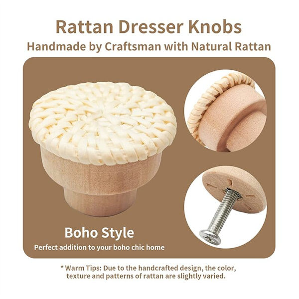 8 stk Boho Rattan Kommode Knotter Tre Skuff Knotter Håndlaget Vevd Kurv Knotter Trekk Håndtak for Skap Hjemmedekor