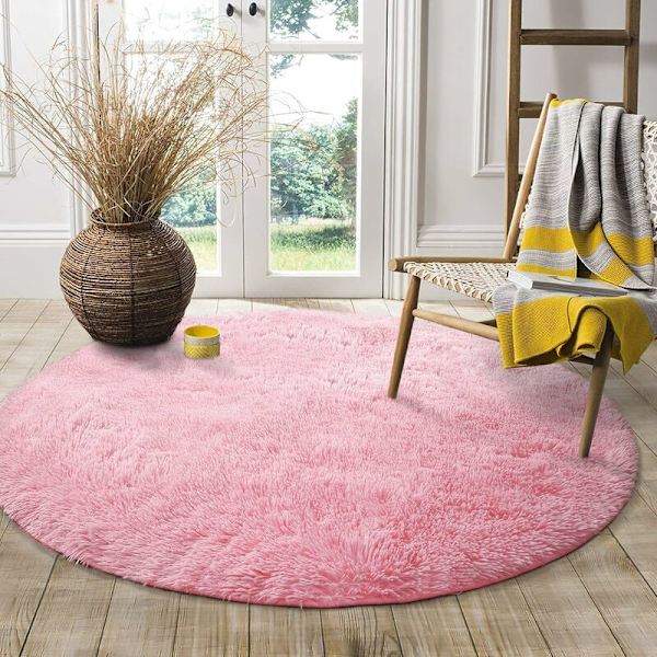 Moderne stuegulvteppe, hjemmedekorasjon, supermyk plysjrundt soveromsteppe, mykt og fluffy innendørs teppe (rosa, 100x100cm)-