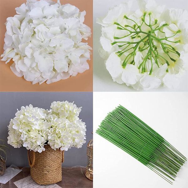 20 Komplette Kunstige Melkehvite Hortensia Silkeblomsterhoder Bukett med Stilker for Bryllup