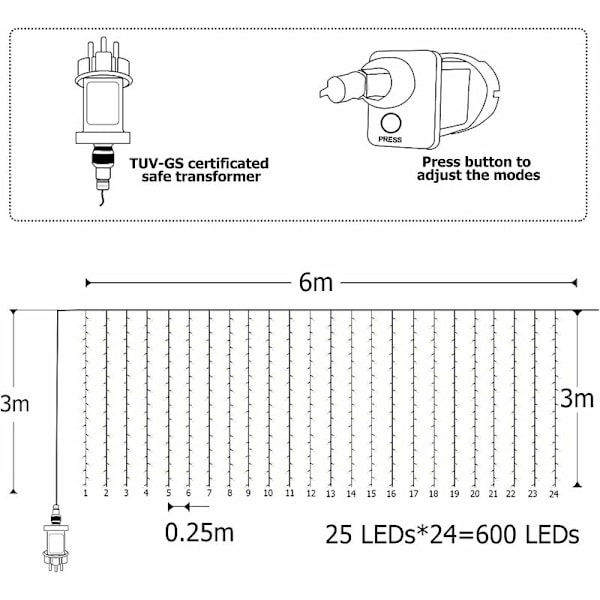 Julelys, Udendørs Feelygter, Gardinlys 6m x 3m 600 LED Gardinlys, 8 Tilstande Vandafvisende Elektriske Julelys Vindue Fair