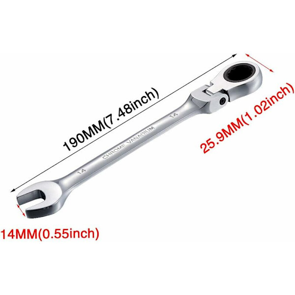 14 mm joustava ratkettava avain, pyörivä pää, ratkettavat avaimet, Action Tool, metrinen kromivanadiini teräs - DENUOTOP