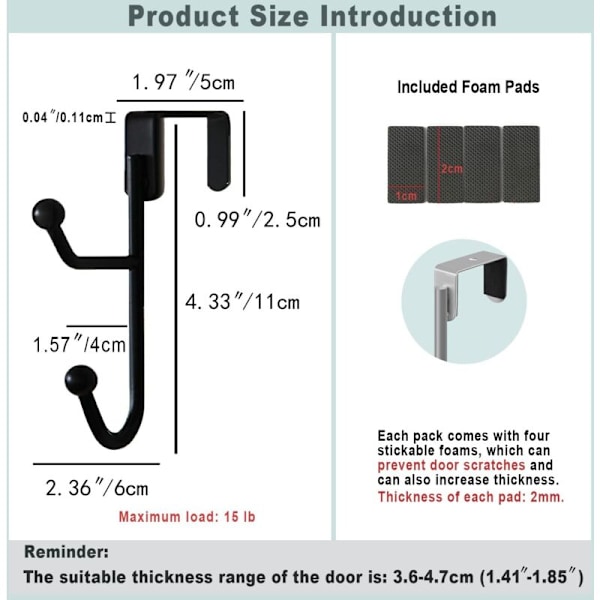 2-pakks dørkroker, kraftig metall dobbeltkrok for å henge frakker, hatter, kapper, håndklær, svart