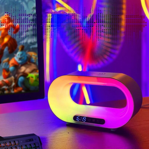 Yövalo langattomalla latauksella, Bluetooth-kaiutin herätyskellolla, soikea langaton lataus, USB-C-liitäntäinen tunnelmavalo, himmennettävä LED-pöytälamppu