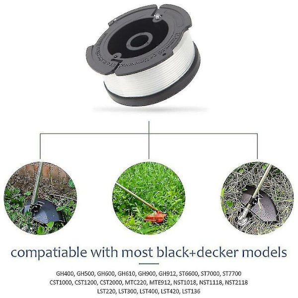6-pakning med linespoler med 2 deksler for å erstatte reservespolen for Black Decker gresstrimmer
