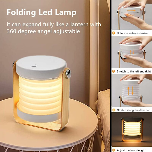 Bordlampe, Bærbar Foldbar Teleskopisk Nattelys, LED Leselampe med Trehåndtak, 3 Lysstyrkenivåer, Justerbar Lysstyrke, USB-Lading, E