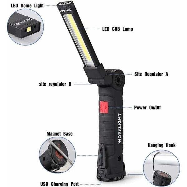 LED Arbejdslys LED Arbejdslys Lommelygte LED Værkstedslys Genopladelig LED Inspektionslys Lommelygte Magnetisk Base 5 Tilstande til Garage, Camping, Nødsituationer