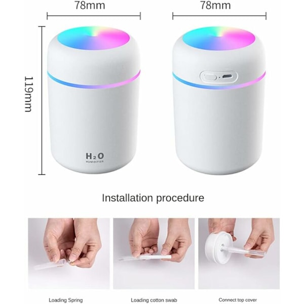 Fargerik Kule Mini Søt Luftfukter USB 300ml Bærbar med 7 Farger 2 Tåke Moduser Ultra Stille Egnet for Hjem Bil Soverom Kontor og Reise (Grå)