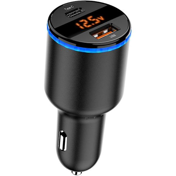 PD+QC3.0 Yleinen LED-pikalatauslaite kaksoisnäytöllä 12V-24V automalleille 65W lähtöteho PD+USB Flash -pikalataus, musta