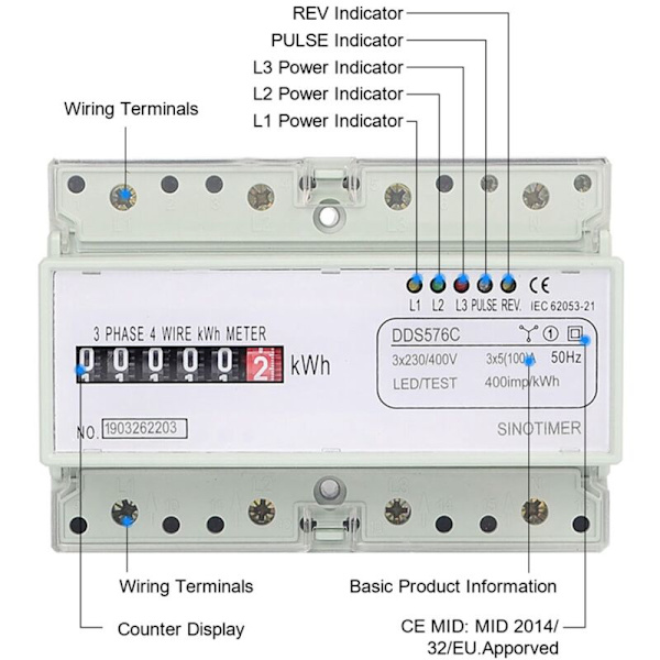 3-vaiheinen 4-johtiminen digitaalinen sähköenergiamittari KWh DIN-kiskovirrankulutusmonitori AC 380V 400V B