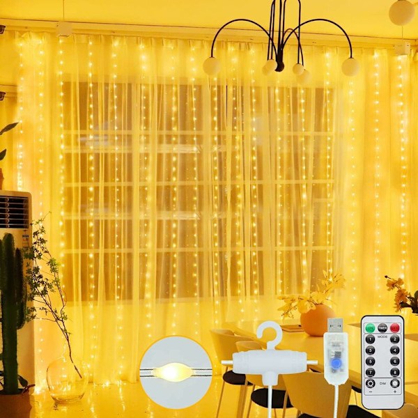 Lysgardin - 300 LED 3M×3M Gardinlys Girlander USB Innendørs Julelys Gardin med Fjernkontroll 8 Moduser IP65 Vanntett Lysdekorasjon