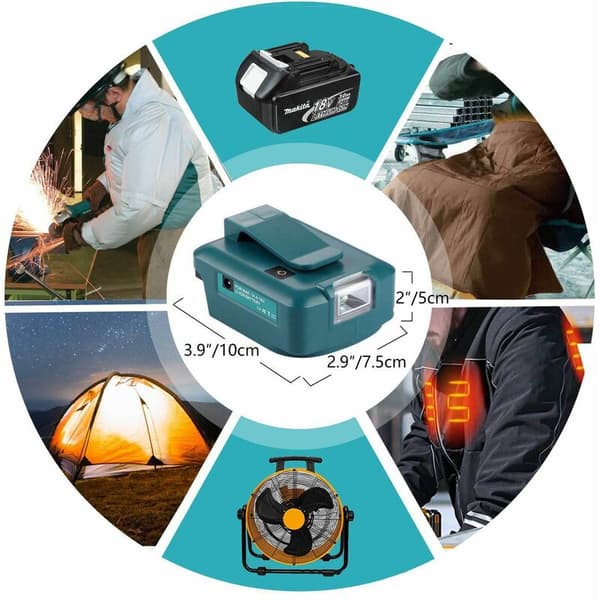 14,4V/18V litiumbatteriadapter med LED-spotlight USB-konverter til M-batterier