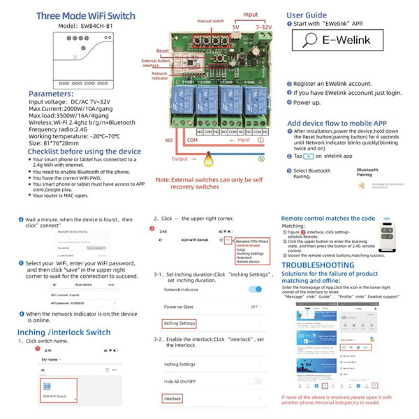 Smart WiFi Bluetooth Switch Relay Modul+Fjernbetjening 7-32V Til/Fra Controller 4CH 2.4G WiFi Fjernbetjening til Alexa