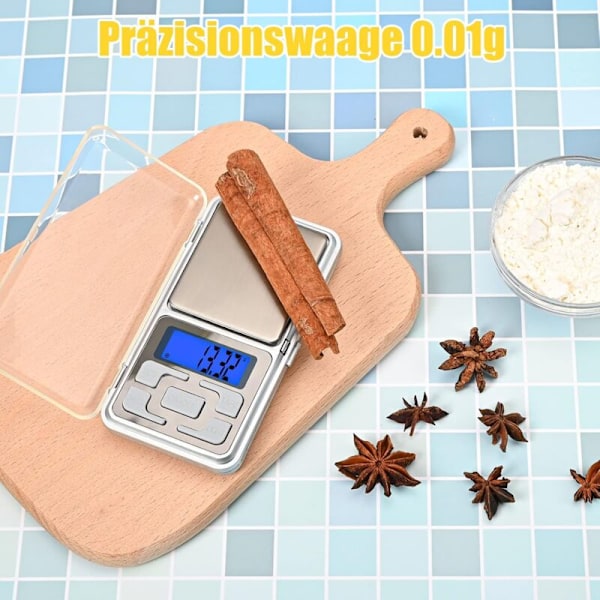 Præcisionsvægt 500g/0.01g Køkkenvægt med Baggrundsbelyst LCD-Skærm Digital Vægt Tare-Funktion, Mini Bærbar Vægt til Køkken/Café/Rejse/Medicin