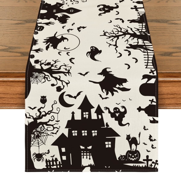 Kuvio mustavalkoinen pelottava Haunted House Tree Spooky Witch Halloween -pöytäliina, syksyinen keittiön pöytäsisustus kotijuhliin 13x72 tuumaa
