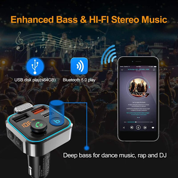 Bil FM-senderadapter Bluetooth 5.0 MP3-afspiller håndfri Type-C PD 20W + QC3.0 USB-oplader