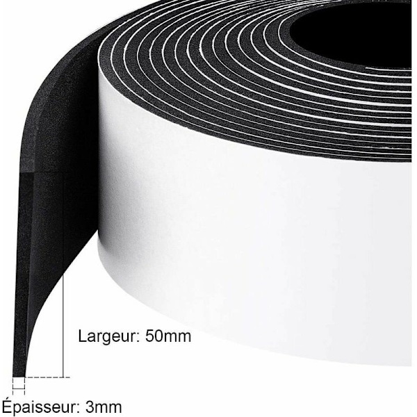 Selvklebende tetningslist i lyddempende gummi for vinduer, dører, garasjer, dusjer, 50 mm x 3 mm x 5 m, anti-kulde, støtdempende beskyttelse, skap, møbler