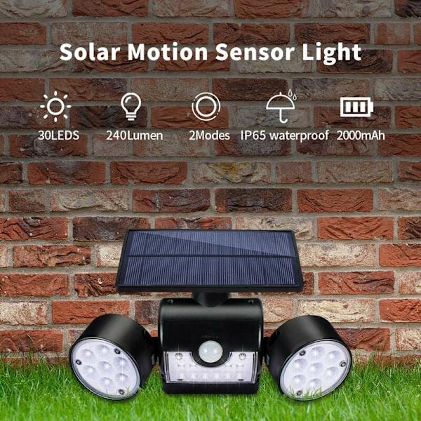 Udendørs Solcellelampe, Udendørs Solcellevæglampe, med 30 Vandtætte Dobbelt-Hoved LED-Spots, 360 Graders Rotation, med Bevægelsessensor til Have