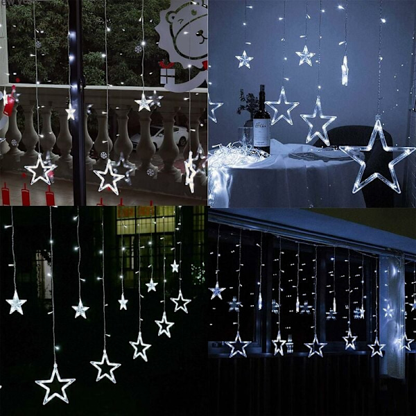 Julstjärne Gardinlampor, 138 LED-Stränglampor med 12 Stjärnor, 8 Lägen Jul Fönsterlampor för Julgran, Fest, Bröllop, Trädgård, Sovrum