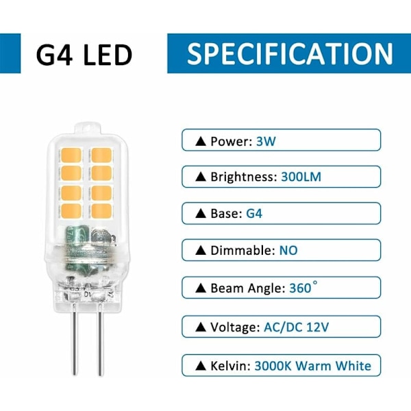G4 LED-pære 12V 3W, ikke-dæmpbar, 16SMD 300LM varm hvid 3000K, 25W G4 halogenpæreækvivalent, G4 LED-pære til lysekrone, skabslys, landskab