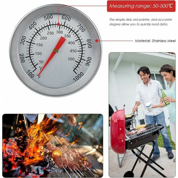 Grilltermometer, rustfritt stål ovnstermometer maks 500°C/1000°F analogt displaytermometer for ovn, pizzaovn, vedovn