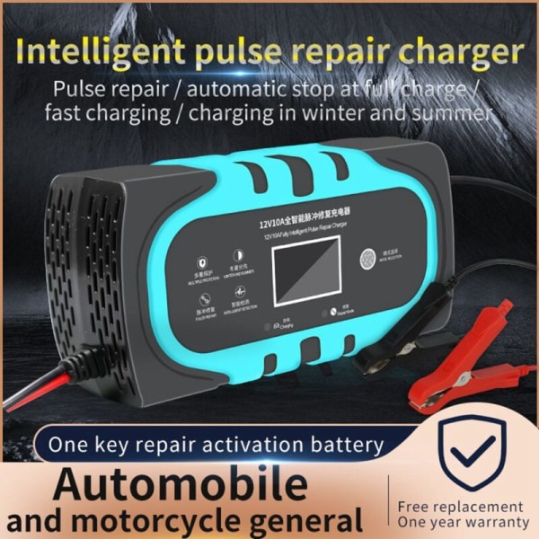 10A 12V Automatisk smart batteriladdare för bil med LCD-pekskärm, reparationsladdare, EU-kontakt