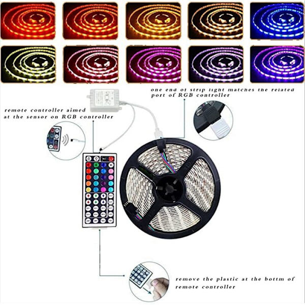 LED-striplys 15M Vanntett 3528 RGB Farge Lysstriper med 44 Tast Fjernkontroll for Soverom Julebelysning
