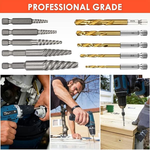 Skruetrekkersats, 11 deler Easy Out Bolt Extractor Set, Reverse Drill Bit Extractor Set for Removing Broken Screws