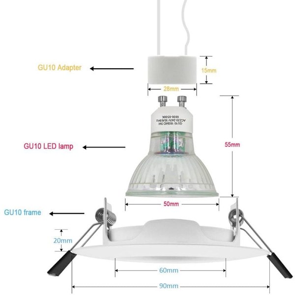Pakke med 10 LED-indbyggede spotlights 5W GU10 koldt hvidt 6000K svarende til 50W halogenpære ikke-dæmpbar indendørs indbygget loftslampe--