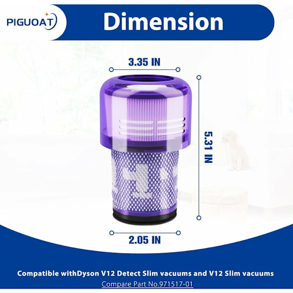 4-pakkaus V12-suodattimia, jotka ovat yhteensopivia Dyson V12 Slim- ja V12 Detect Slim -imureiden kanssa, osanumero 971517-01