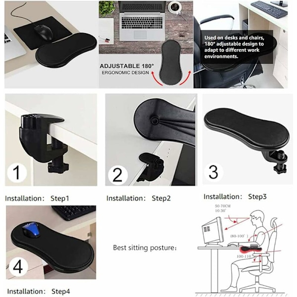 Datamaskin Armlenestøtte, Avtakbar Armlenestøttebord, Justerbar Svart Datamaskin Håndstøtte, Gir Armstøtte på Databordet, 180° Justerbar