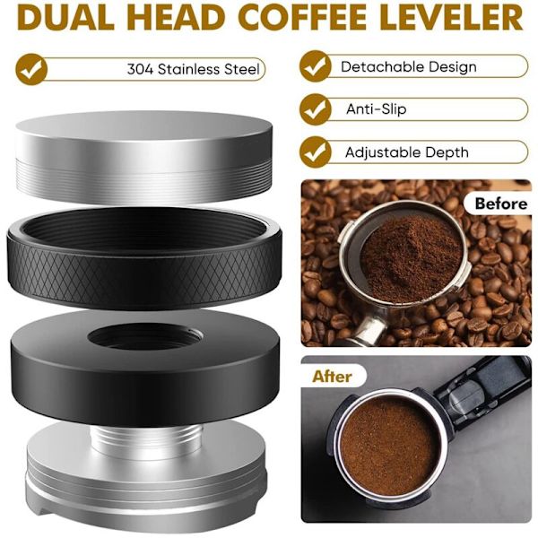 51mm Kaffe Tamper og Espresso Fordeler, 51mm Rustfrit Stål Espresso Doseringstragt Sæt, Dobbelt Hoved Kaffe Nivellering