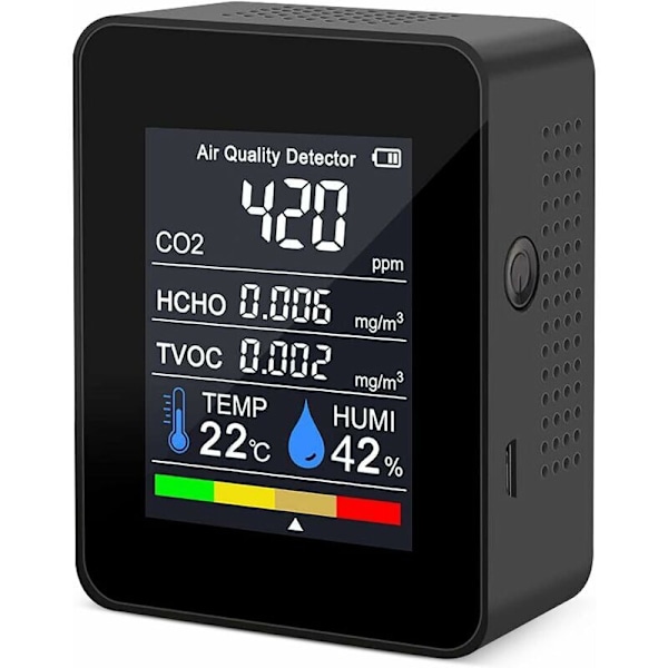 Bærbar Luftkvalitetsdetektor CO2 Måler Digital Temperaturmåler Luftfugtighedstester CO2 TVOC Formaldehyd HCHO Detektor (1-Sort)