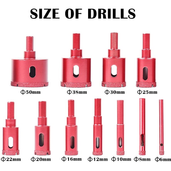 11-delad diamantborrkit för svetsning av porslin, kakel, granit, marmor, kakel (diameter 6 mm till 50 mm)