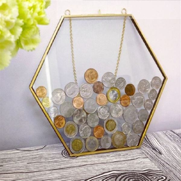 Hexagonal spargris för myntförvaring, klar glasfotoram, väggdekor, retro myntfotoram