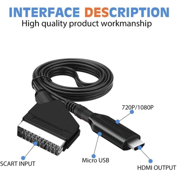 SCART til HDMI-kabel - SCART til HDMI-adapter - Alt i én SCART til HDMI 1080p/720p lyd-videokonverter,