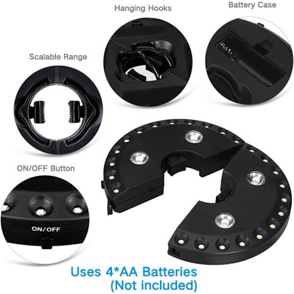 Patio Paraply Lys, 3 Lysstyrker, 28 LED Lys ved 220 Lux, Drevet af 4 AA Batterier, Paraplypind til Patio Paraplyer, Camping, Telte o