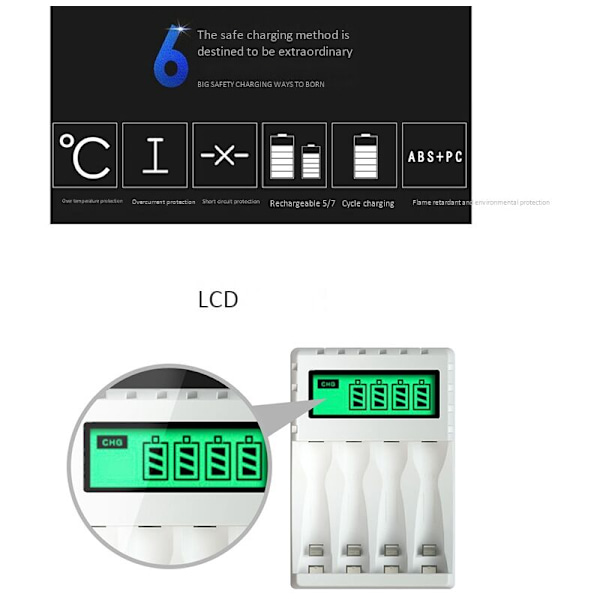 Intelligent LCD-skærm batterioplader Smart med 4 slots til AA/AAA NiCd NiMh genopladelige batterier AA Nimh-oplader