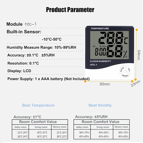 Digital Hygrometer Termometer med Utomhusgivare - Stor LCD-Skärm - ℃/℉ Växling - Hem/Kontor/Sovrum