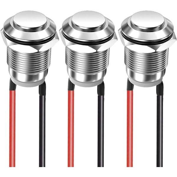 3 st 12 mm 2A 12V/24V/125V/250V Momentan Vattentät Tryckknappsbrytare Rostfritt Stål På/Av Tryckknapp med Tråd (Hög Huvud)