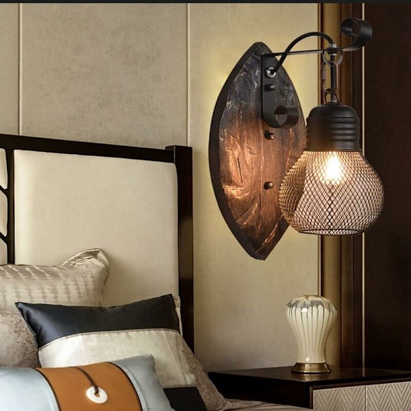 Retro LED Vægslampe Jern Sconce (Sort) Massivt Træ Sconce til Sengebord Garage Sportsplads Soveværelse Stue Ø15Cm E27 (Uden Pære)